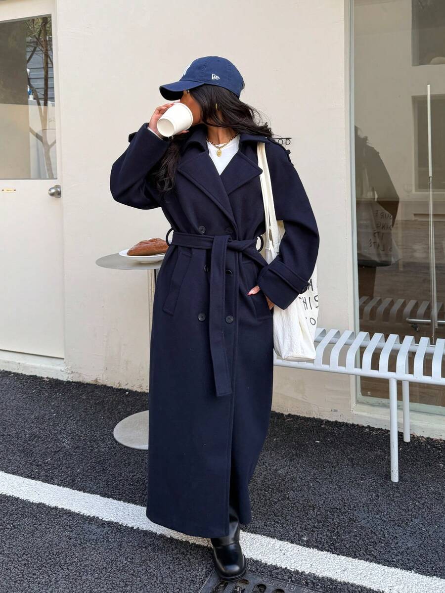 Laurel Double Breasted Belted Long Coat with Peak Lapels - Navy
