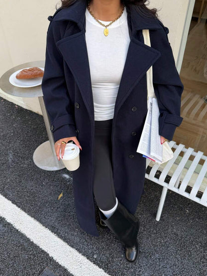 Laurel Double Breasted Belted Long Coat with Peak Lapels - Navy