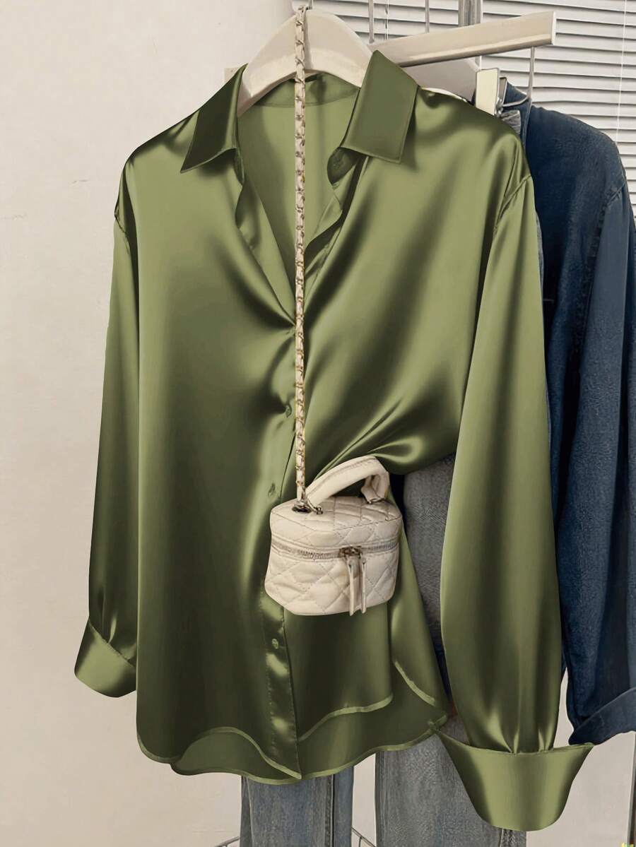 Valeria Satin Long Sleeve Button Down Collared Shirt - Olive Green