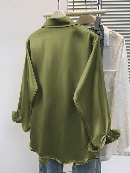 Valeria Satin Long Sleeve Button Down Collared Shirt - Olive Green