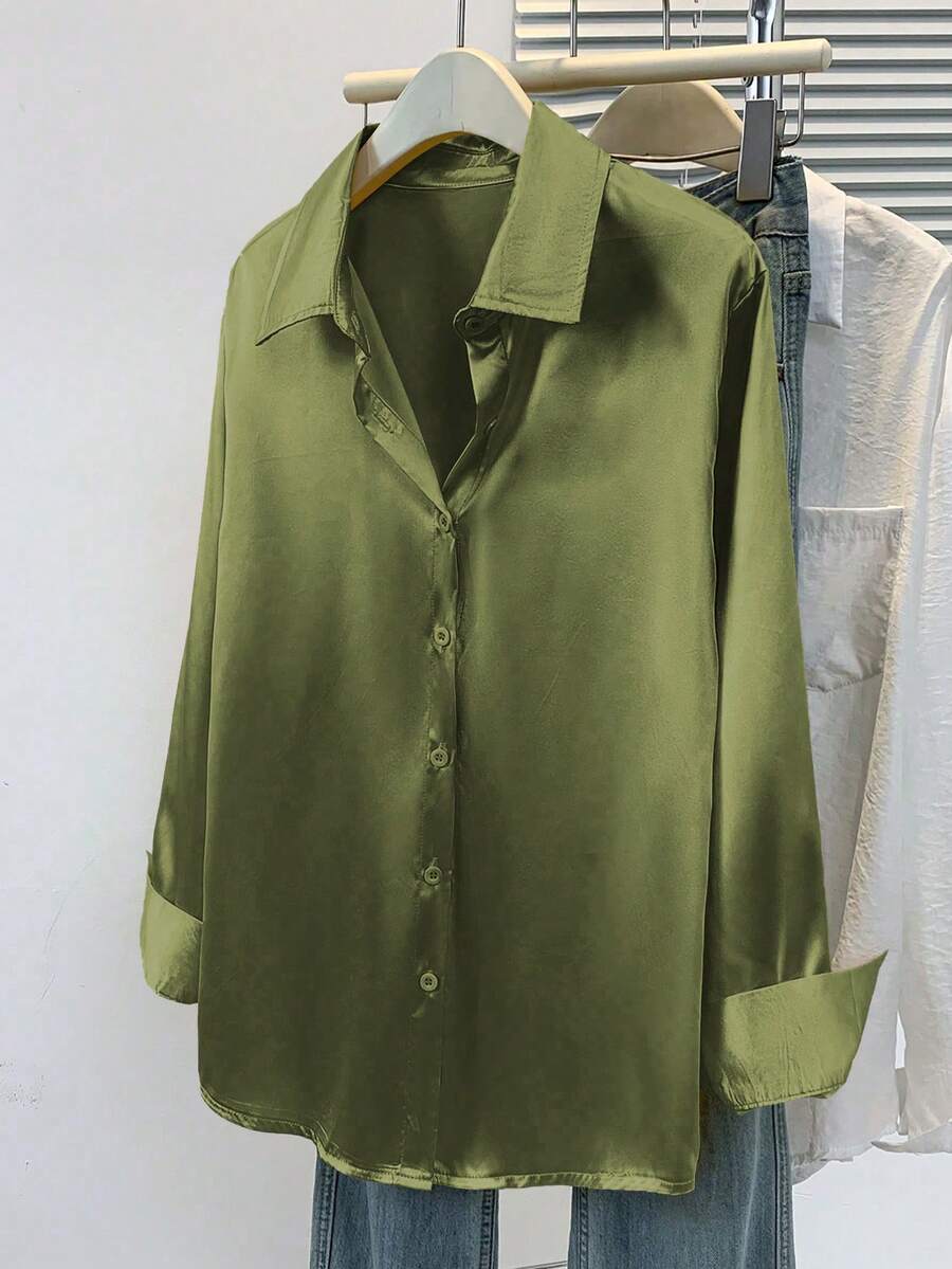 Valeria Satin Long Sleeve Button Down Collared Shirt - Olive Green