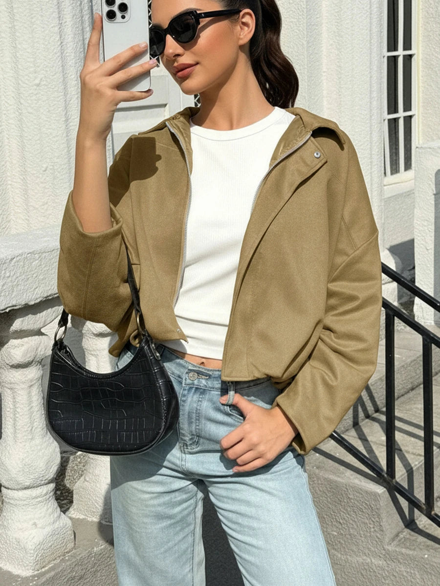 Sabrina Faux Suede Oversized Cropped Collared Jacket - Khaki