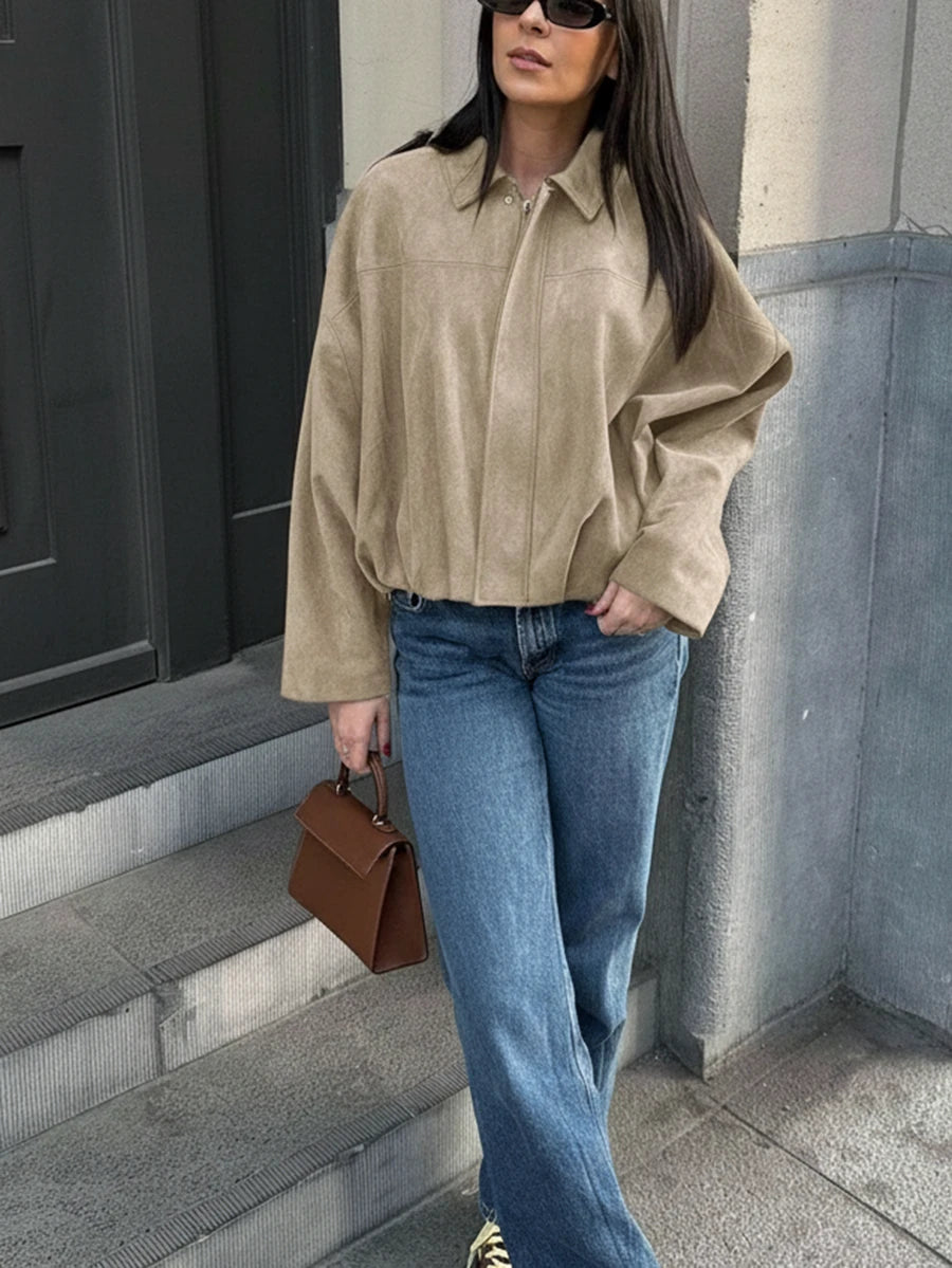 Sabrina Faux Suede Oversized Cropped Collared Jacket - Beige