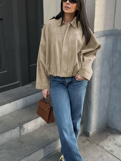 Sabrina Faux Suede Oversized Cropped Collared Jacket - Beige