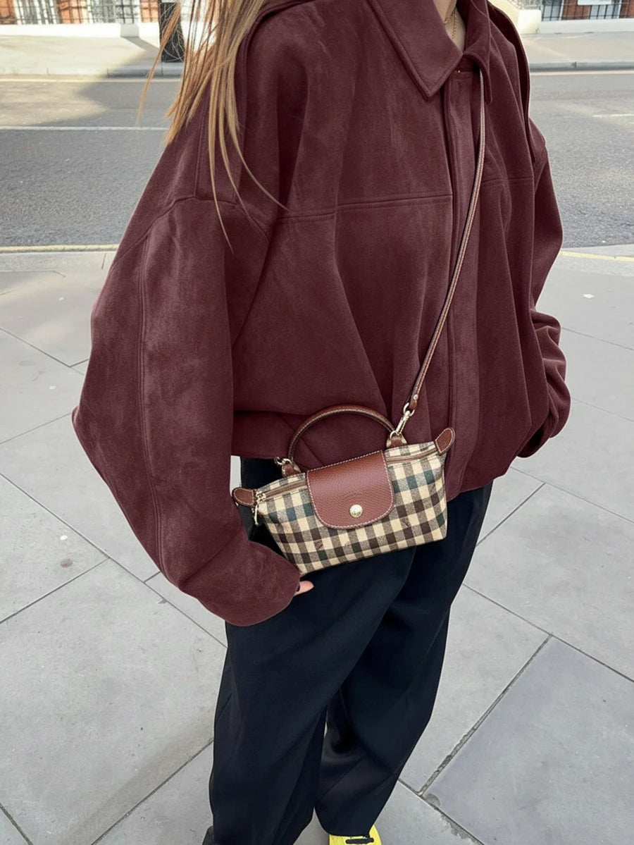 Sabrina Faux Suede Oversized Cropped Collared Jacket - Burgundy