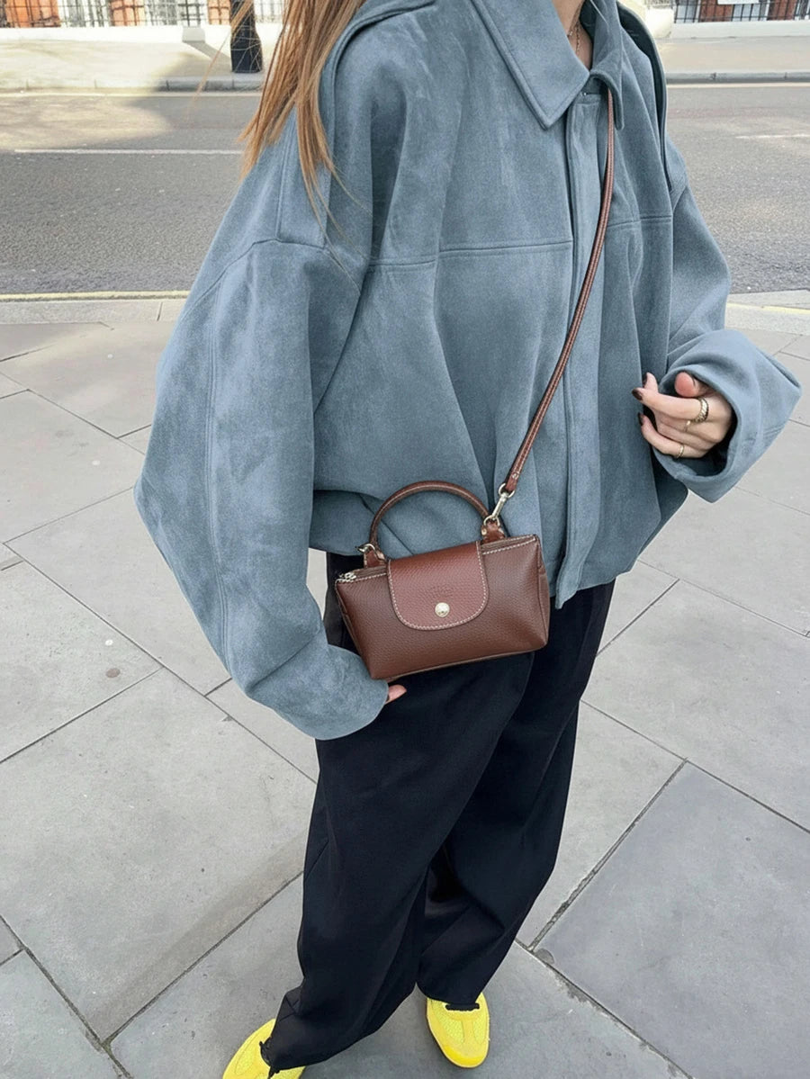 Sabrina Faux Suede Oversized Cropped Collared Jacket - Sky Blue