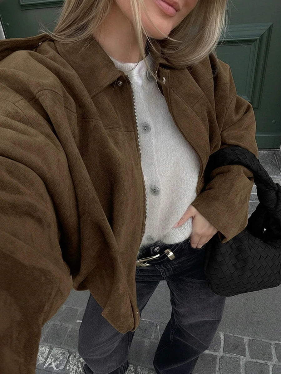 Sabrina Faux Suede Oversized Cropped Collared Jacket - Tobacco Brown