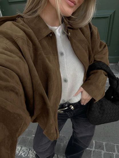 Sabrina Faux Suede Oversized Cropped Collared Jacket - Tobacco Brown