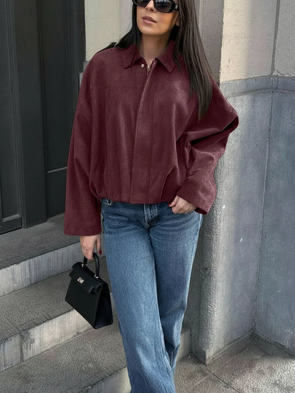 Sabrina Faux Suede Oversized Cropped Collared Jacket - Burgundy