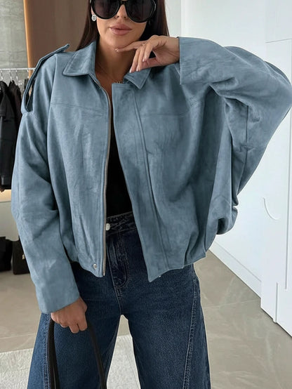 Sabrina Faux Suede Oversized Cropped Collared Jacket - Sky Blue