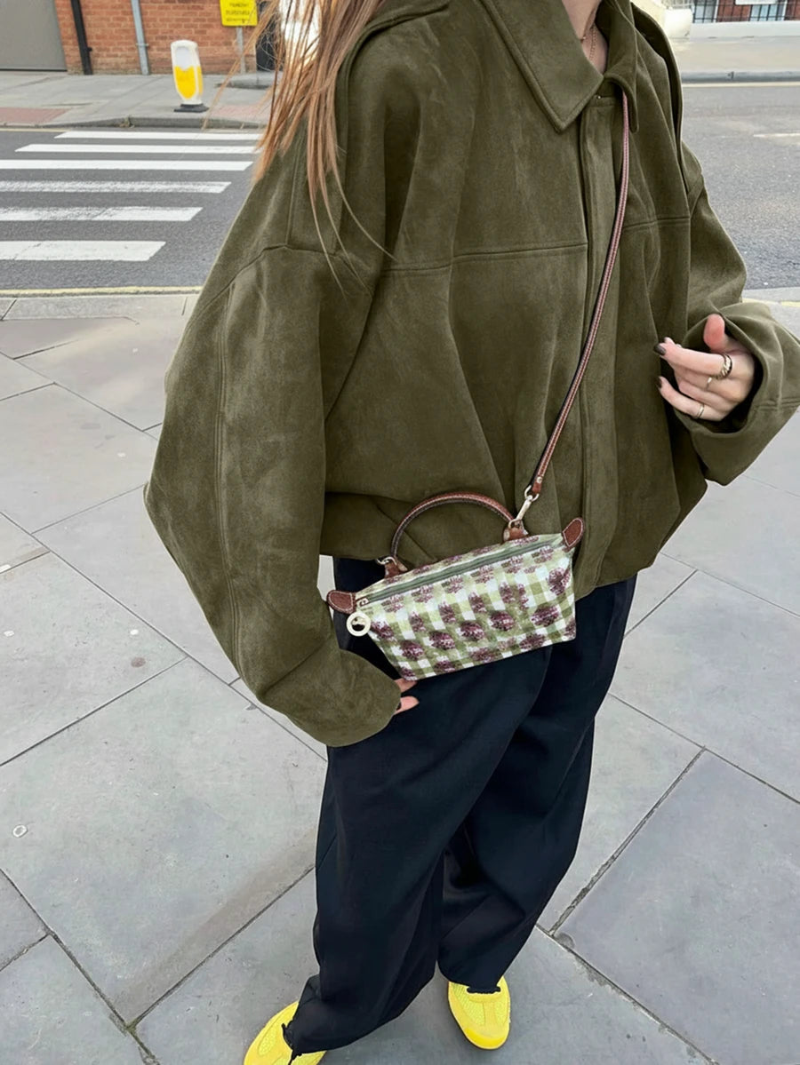 Sabrina Faux Suede Oversized Cropped Collared Jacket - Olive Green