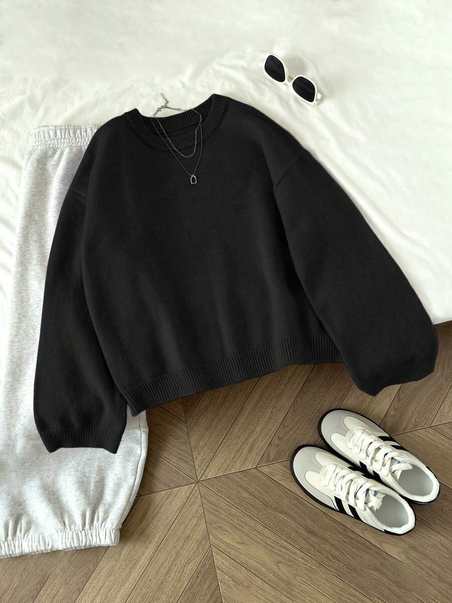 Women's Oversized Crew Neck Pullover Sweater, Relaxed Knit Sweater for Fall Winter - Burgundy