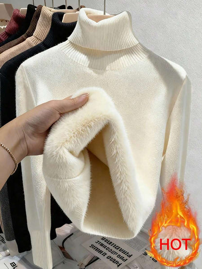 Penelope Thermal Lined Fitted High Neck Knit Sweater - Beige