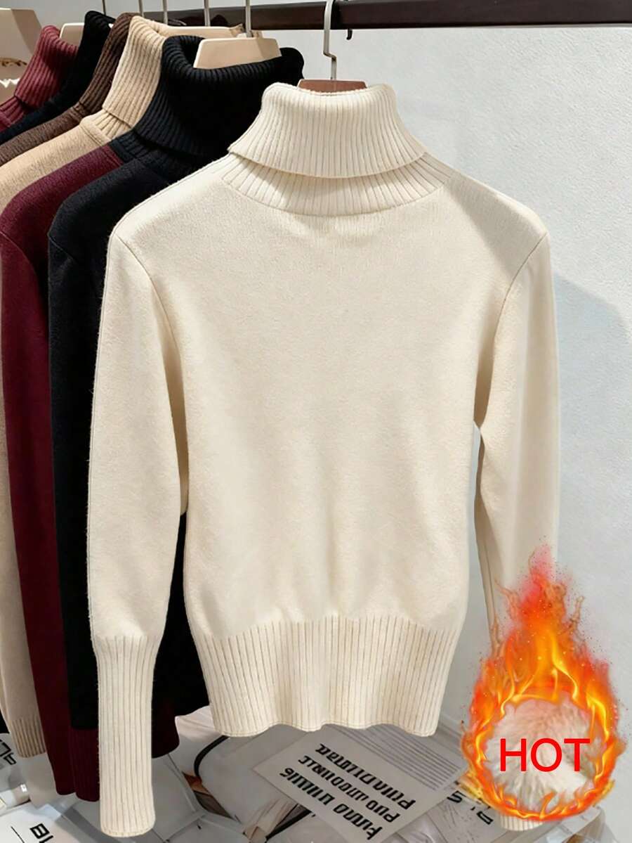 Penelope Thermal Lined Fitted High Neck Knit Sweater - Camel