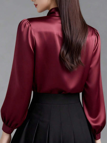 Versailles Satin Bow Tie Neck Long Sleeve Blouse