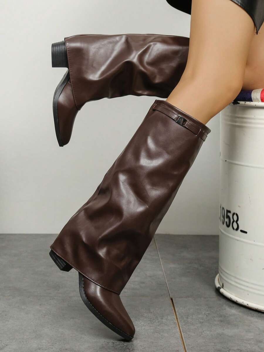 Women's Pleated Loose Boots, Fashion Thick High Heel Pointed Toe Knee-High Dress Boots, Punk Pleated Brown Boots Suitable For Daily, Festival, Versatile,Cowboy Boots Mensa