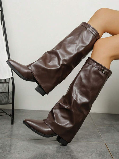 Women's Pleated Loose Boots, Fashion Thick High Heel Pointed Toe Knee-High Dress Boots, Punk Pleated Brown Boots Suitable For Daily, Festival, Versatile,Cowboy Boots Mensa