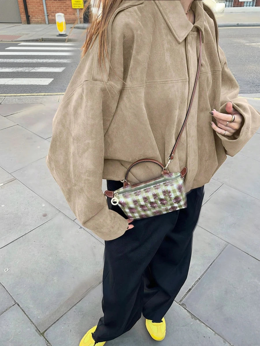 Sabrina Faux Suede Oversized Cropped Collared Jacket - Beige