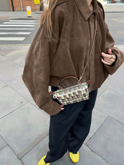Sabrina Faux Suede Oversized Cropped Collared Jacket - Tobacco Brown