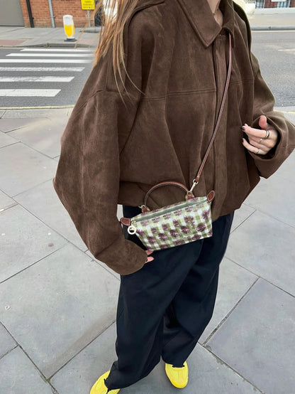Sabrina Faux Suede Oversized Cropped Collared Jacket - Chocolate Brown
