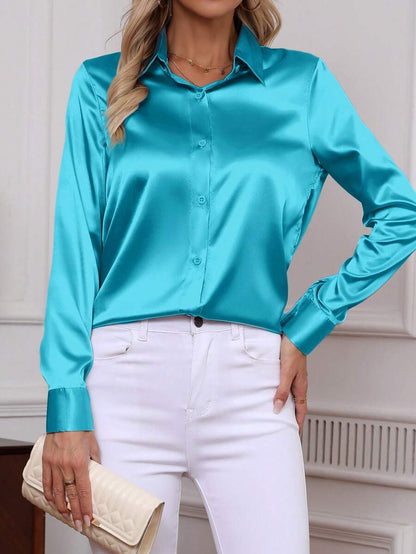 Como Satin Button Up Long Sleeve Blouse
