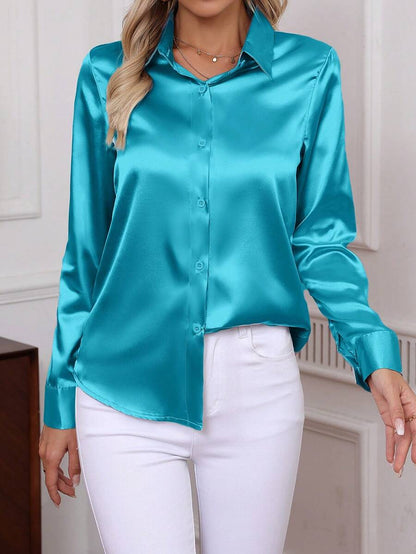 Como Satin Button Up Long Sleeve Blouse