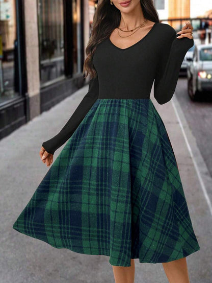 Nuremberg Plaid A Line Midi Dress with V Neck