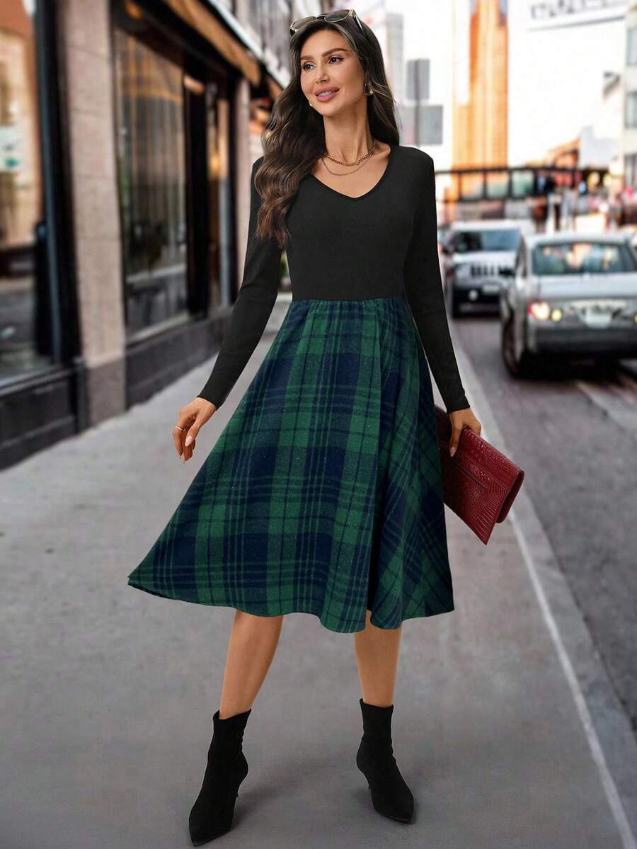 Nuremberg Plaid A Line Midi Dress with V Neck