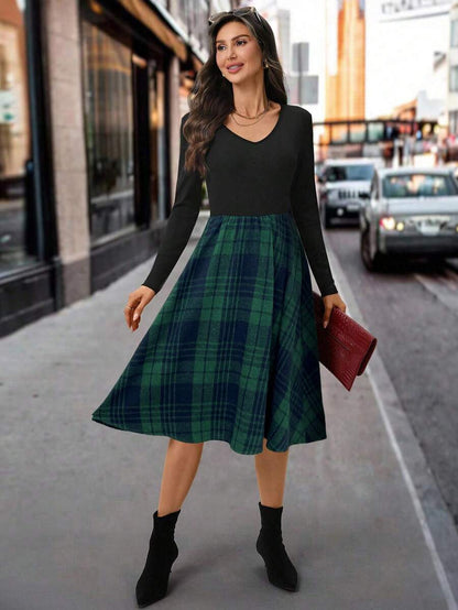 Nuremberg Plaid A Line Midi Dress with V Neck