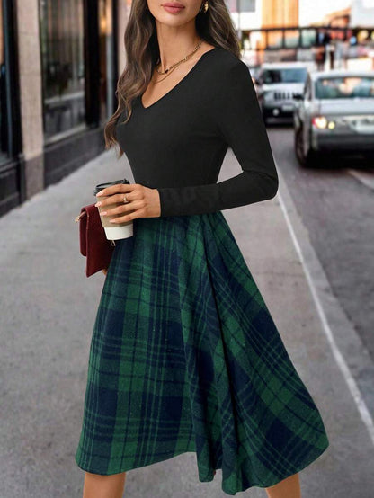 Nuremberg Plaid A Line Midi Dress with V Neck