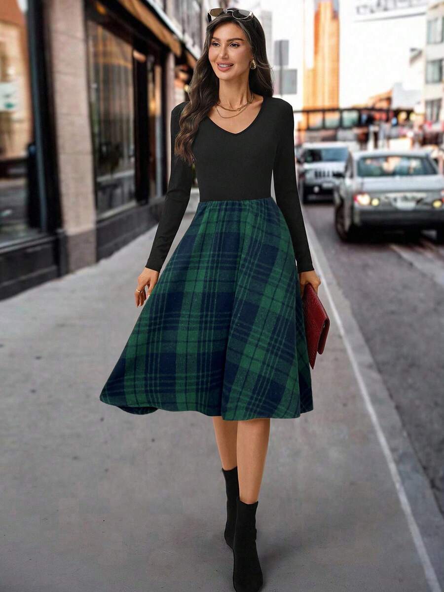 Nuremberg Plaid A Line Midi Dress with V Neck