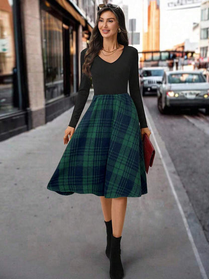 Nuremberg Plaid A Line Midi Dress with V Neck
