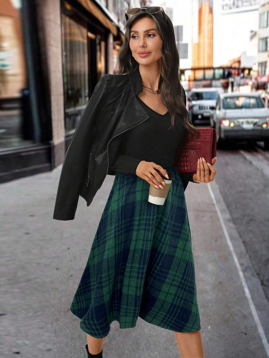 Nuremberg Plaid A Line Midi Dress with V Neck