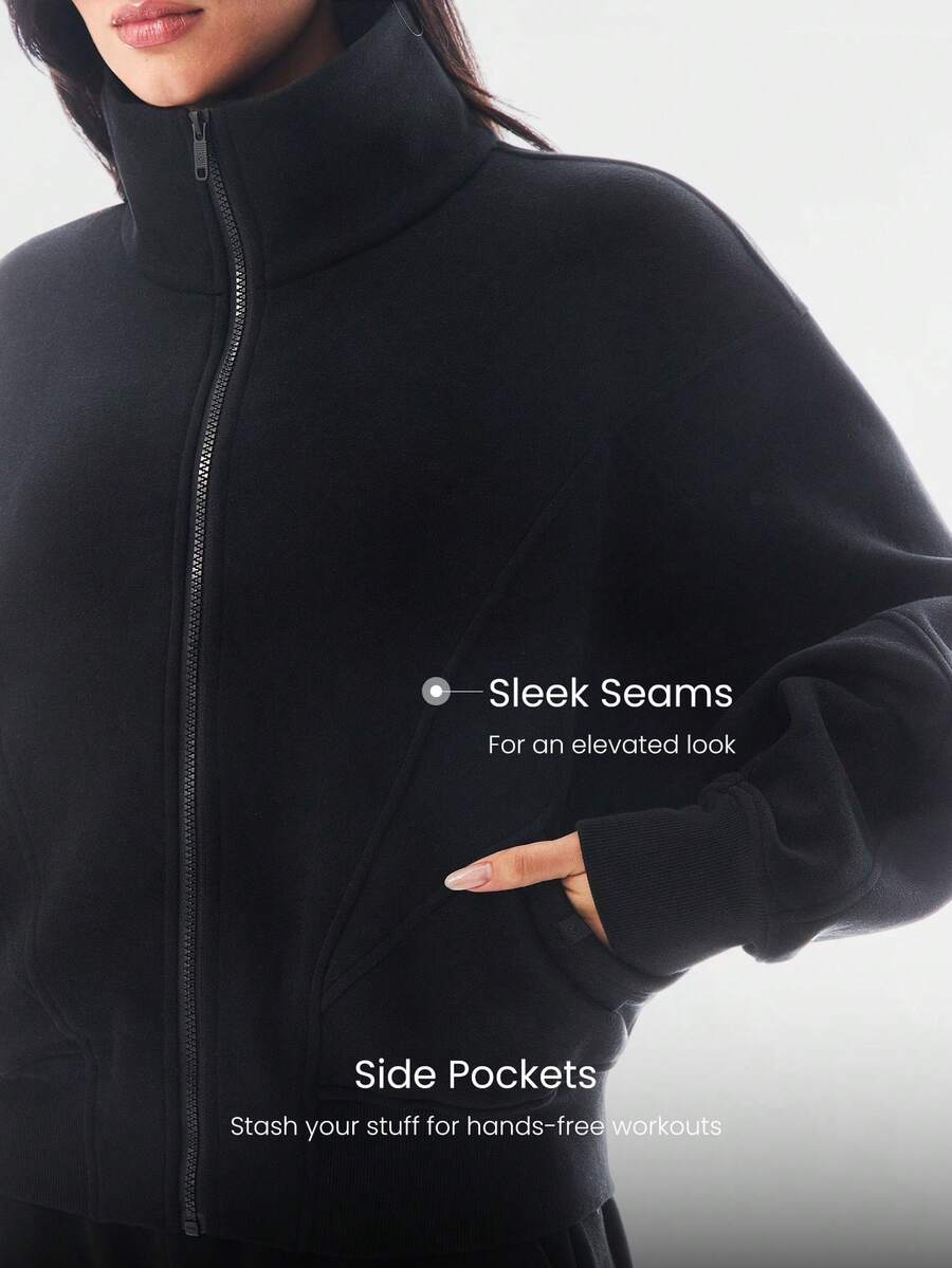 Hortense Oversized Zip Up Fleece Jacket with High Neck - Black