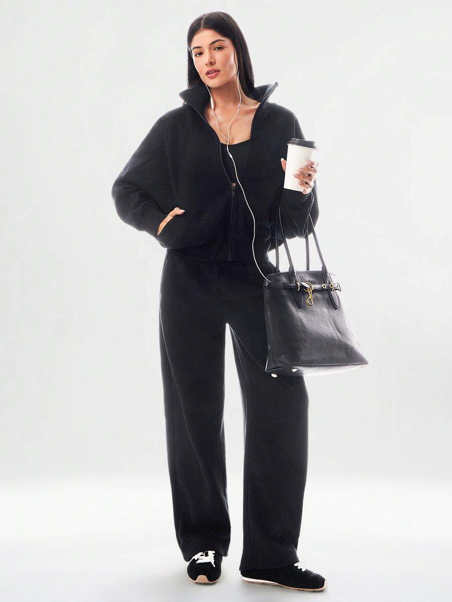 Hortense Oversized Zip Up Fleece Jacket with High Neck - Black