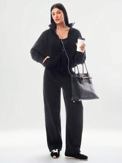 Hortense Oversized Zip Up Fleece Jacket with High Neck - Black