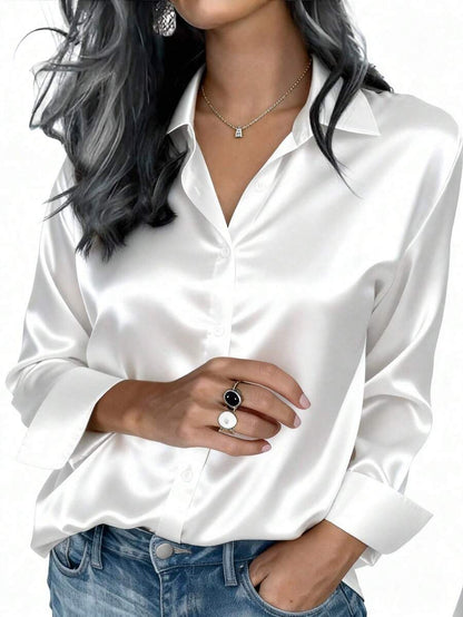 Valeria Satin Long Sleeve Button Down Collared Shirt - White
