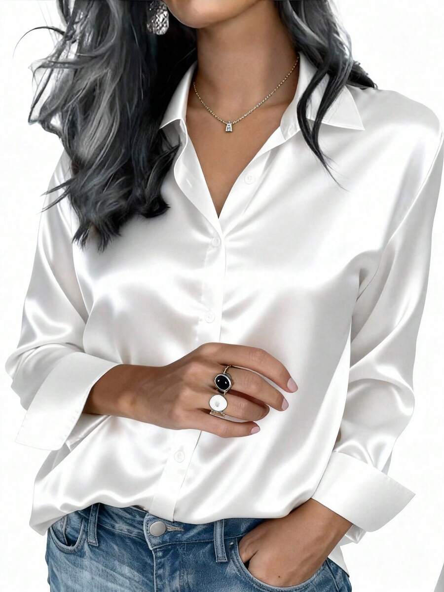 Valeria Satin Long Sleeve Button Down Collared Shirt - White