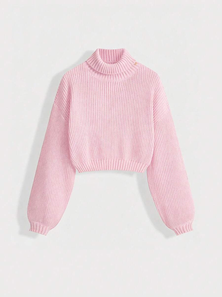 Louisa Ribbed Knit Cropped Turtleneck Pullover Sweater - Pink