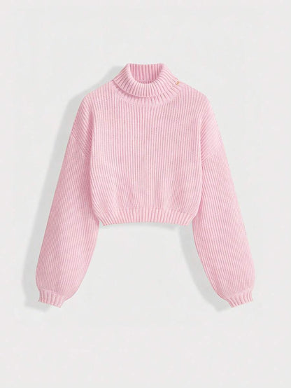 Louisa Ribbed Knit Cropped Turtleneck Pullover Sweater - Pink