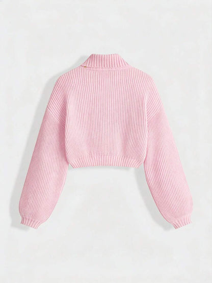 Louisa Ribbed Knit Cropped Turtleneck Pullover Sweater - Pink