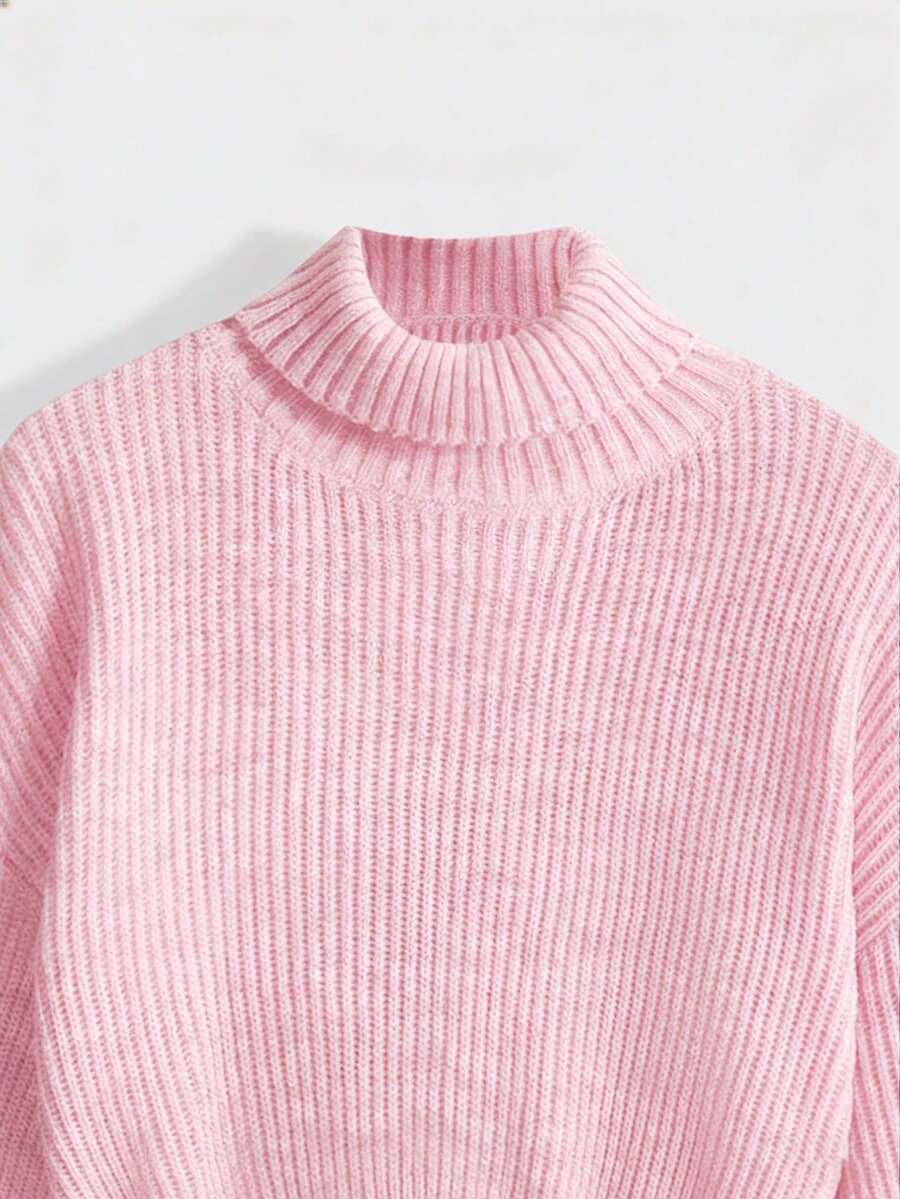 Louisa Ribbed Knit Cropped Turtleneck Pullover Sweater - Pink