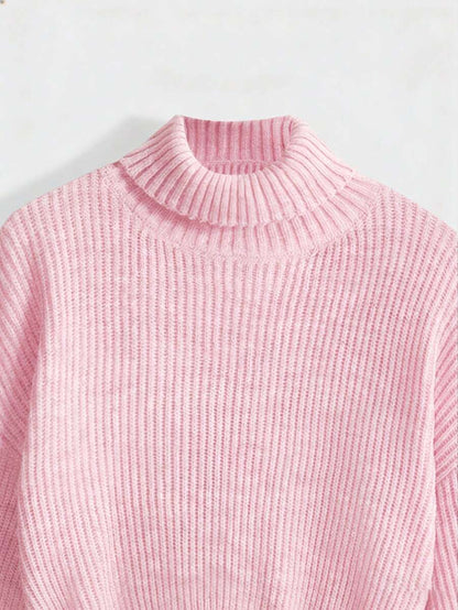 Louisa Ribbed Knit Cropped Turtleneck Pullover Sweater - Pink
