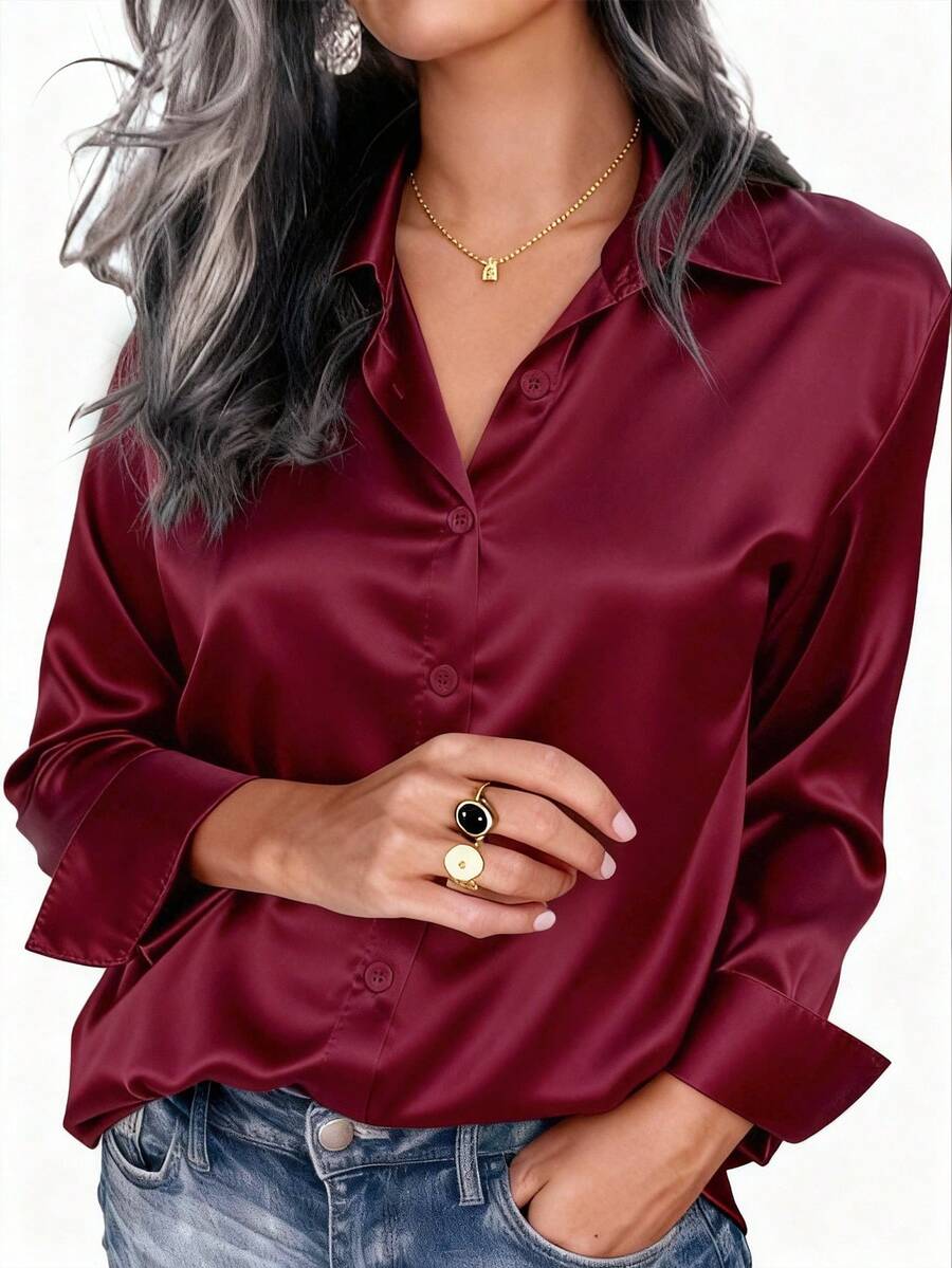 Valeria Satin Long Sleeve Button Down Collared Shirt - Burgundy