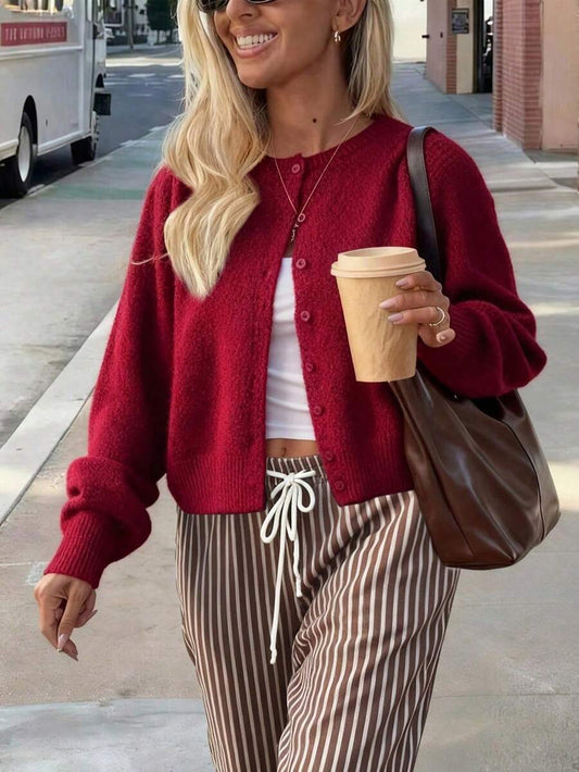 Kira Solid Drop Shoulder Cardigan - Red