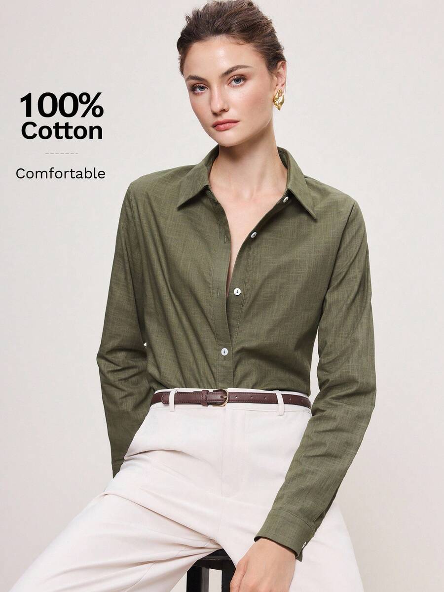 Arabella Classic Collared Button Down Long Sleeve Cotton Shirt - Army Green