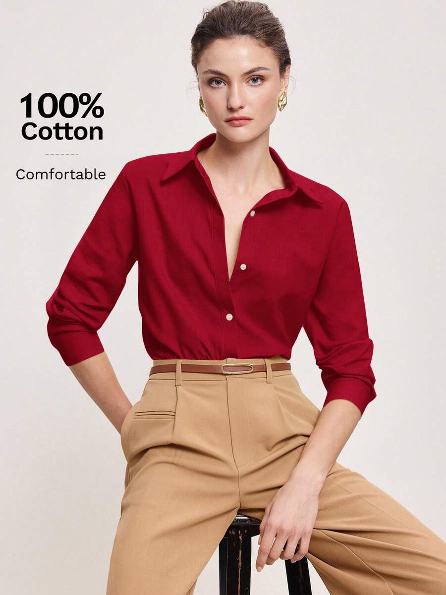 Arabella Classic Collared Button Down Long Sleeve Cotton Shirt - Red