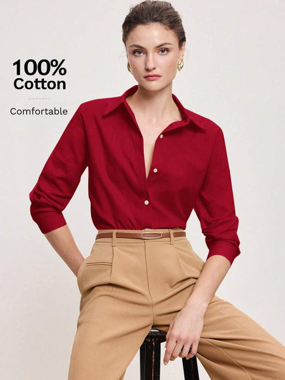 Arabella Classic Collared Button Down Long Sleeve Cotton Shirt - Red