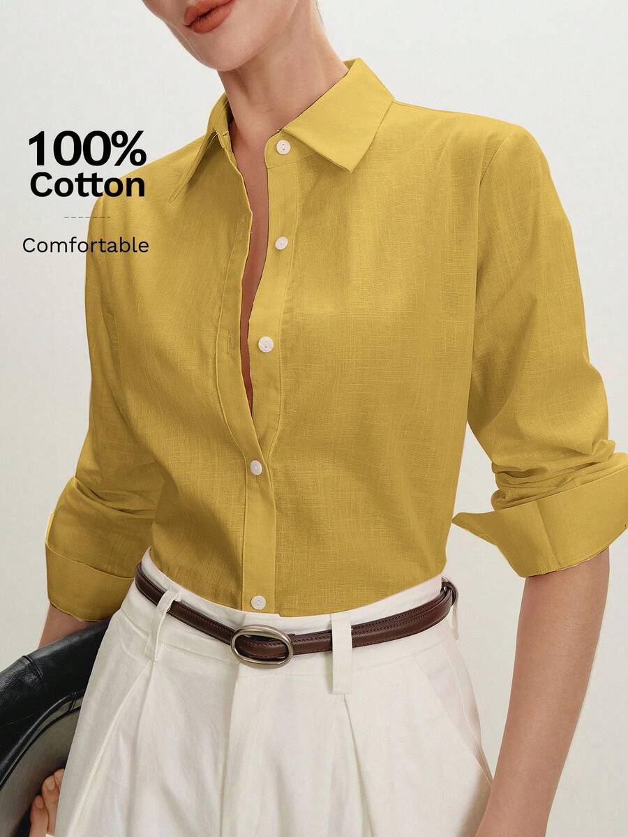 Arabella Classic Collared Button Down Long Sleeve Cotton Shirt - Mustard Yellow