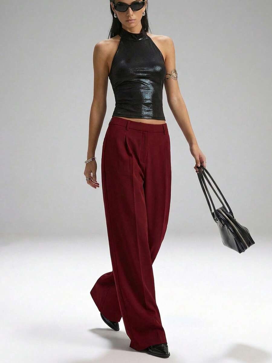 Carlotta High Waisted Straight Leg Trousers with Zip Fly - Black